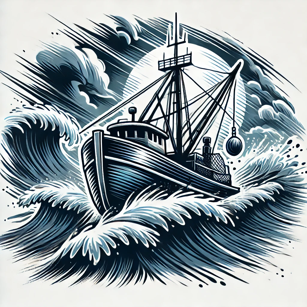 A fishing boat in a rough sea.